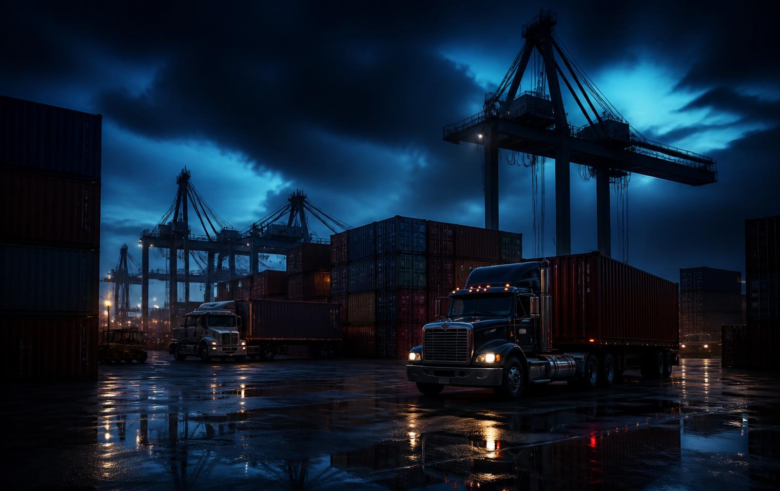 Intermodal container yard at dusk with trucks, chassis and gantry cranes